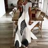 Women Plus Size V Neck Short Sleeve Black White Printed Straight Long Dress