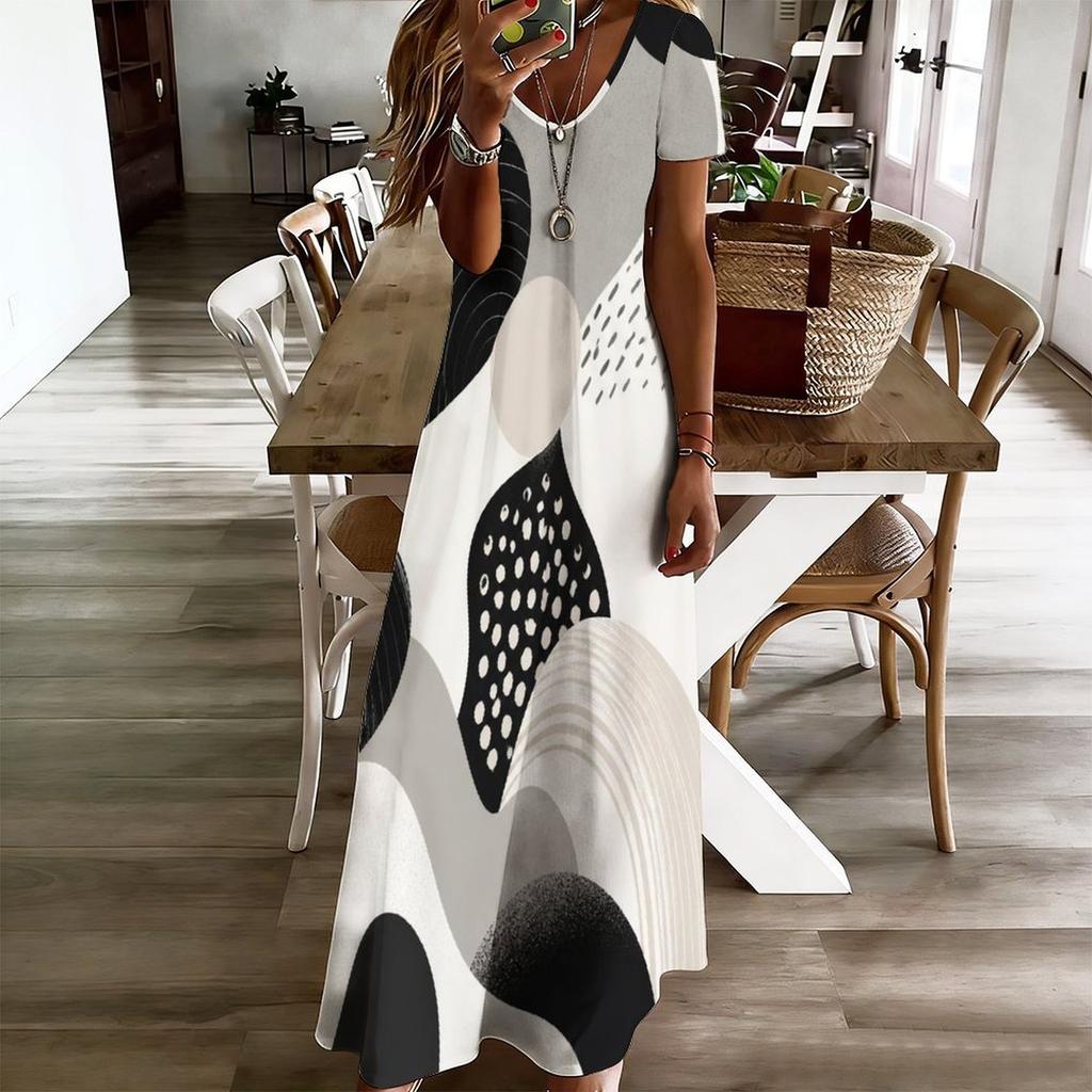 Women Plus Size V Neck Short Sleeve Black White Printed Straight Long Dress