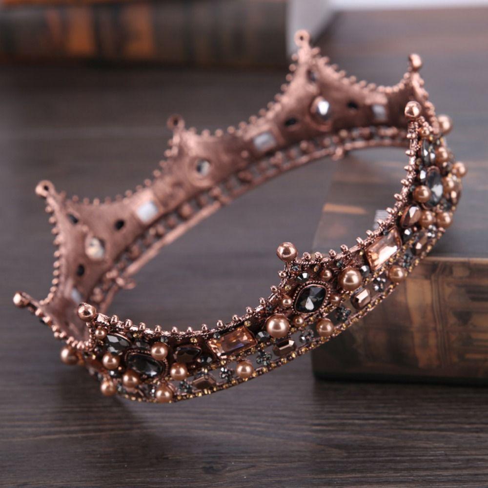 Round Shape Vintage Baroque Crown Pearl Wedding Hair Jewelry Crystal Crown for Women  Pageant Event