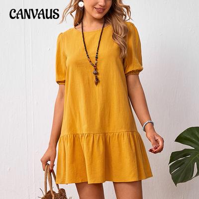 Plus Size Γυναικείο Φόρεμα Μονόχρωμο Φαρδιά Φόρεμα από Βαμβακερό λινό με στρογγυλή λαιμόκοψη