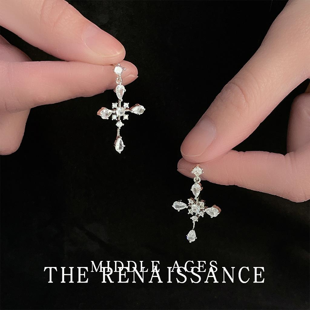 Medieval retro cross zircon stud earrings French court style earrings light luxury earrings