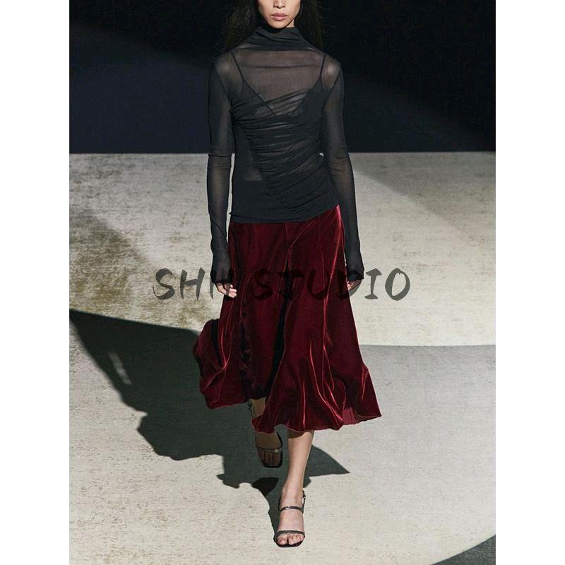 Spring New Women's Clothing Wave Swing Slimming Elegant Velvet High Waist Midi Skirt Skirt 0072158