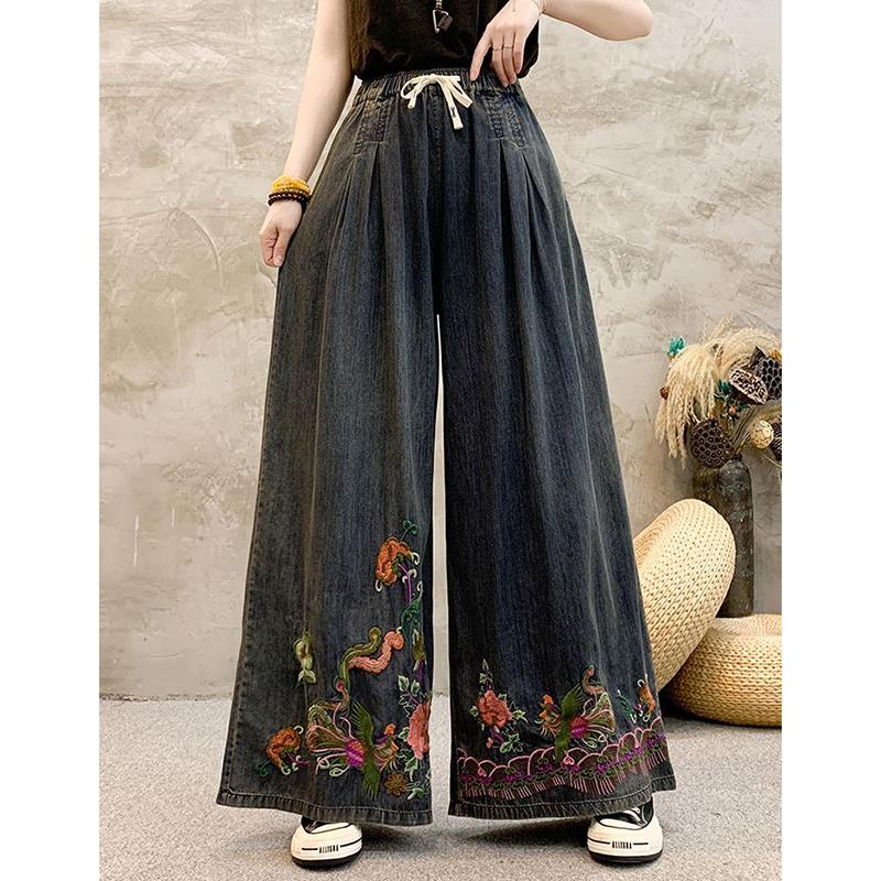 Summer New Wide Leg Jeans for Women Vintage Ethnic Style Embroidered Loose Slimming Straight Denim Pants Female Summer