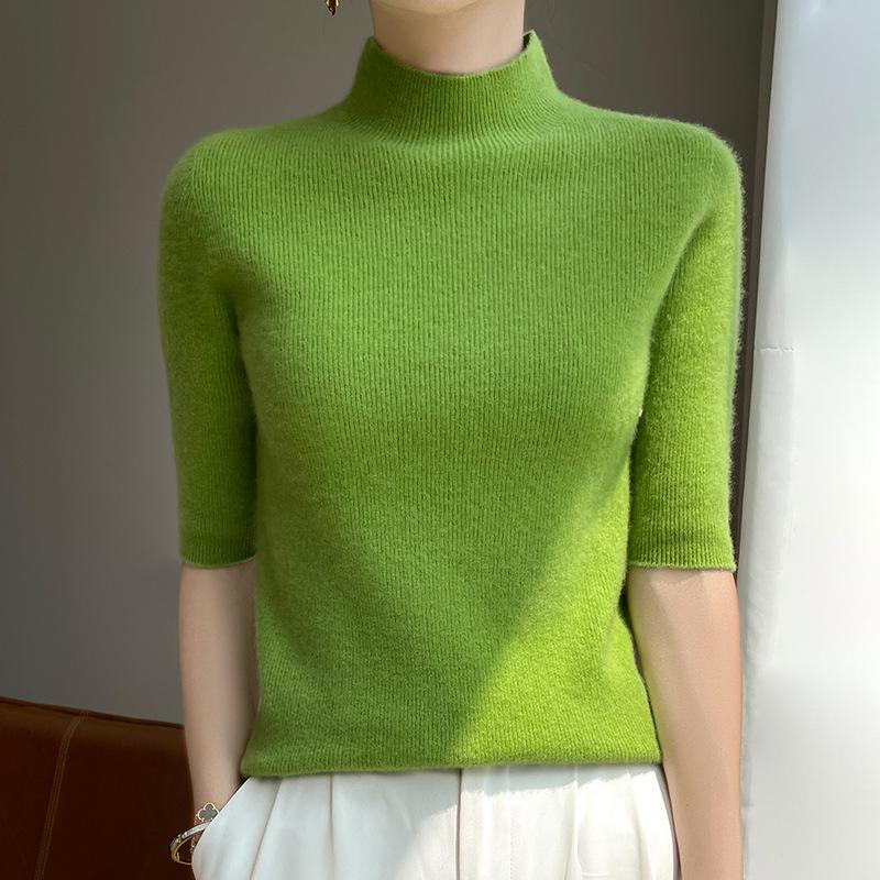 

2025 Spring Women s Slim-Fit Mid-Neck Knitted Top with Five-Point Sleeves L