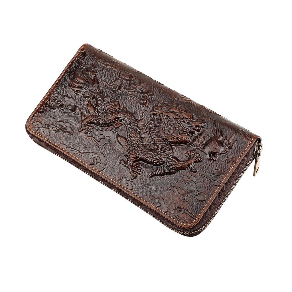 BISON DENIM Vintage 3D Print Genuine Leather Men Wallet Tiger Dragon Long Zipper Card Holder Wallet