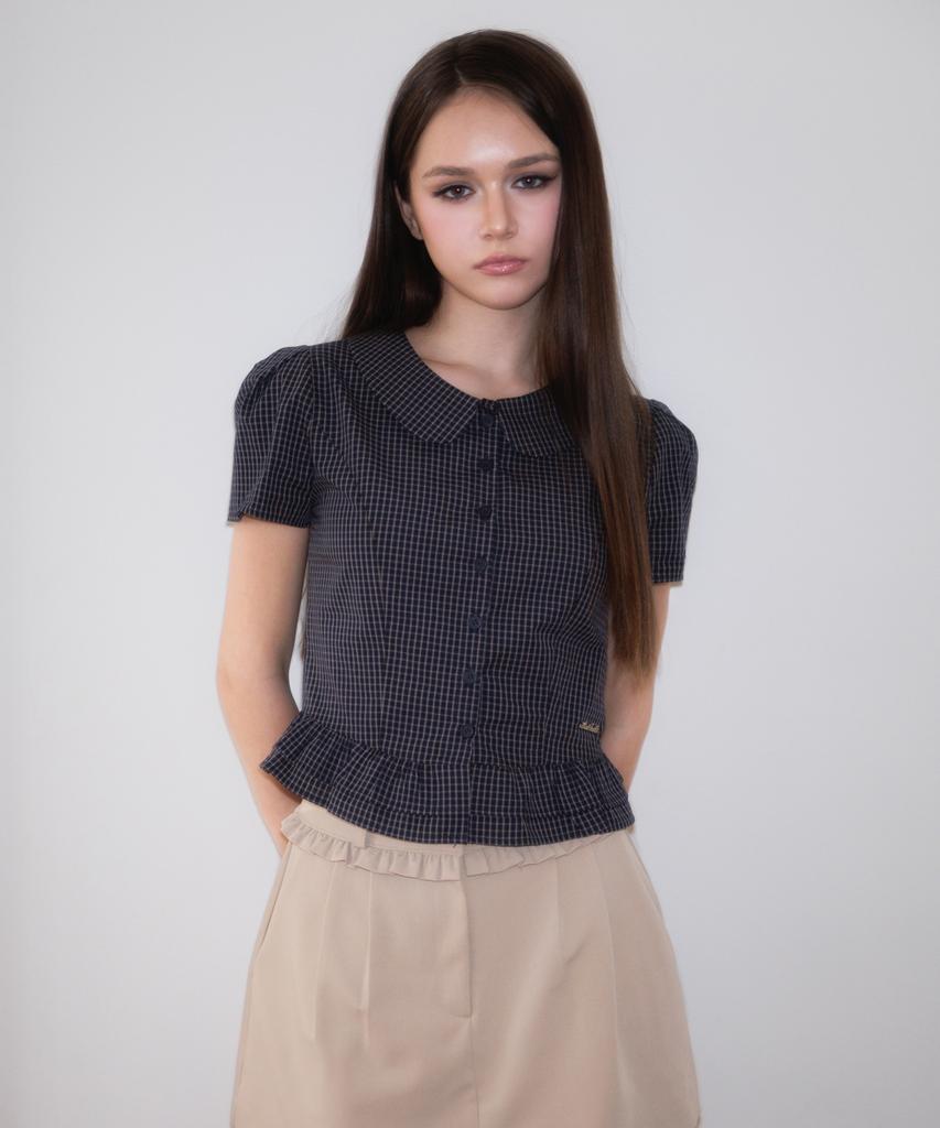 ROSEFRANTZ Puff Sleeve Peplum Check Blouse [Navy]