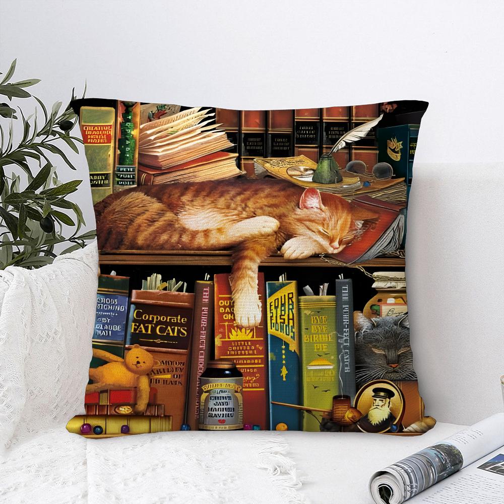 Cat in Library Painting Pillow Case Plush Fabric Soft  Pillowcase Double Sided Print Cushion Cover Household Gifts