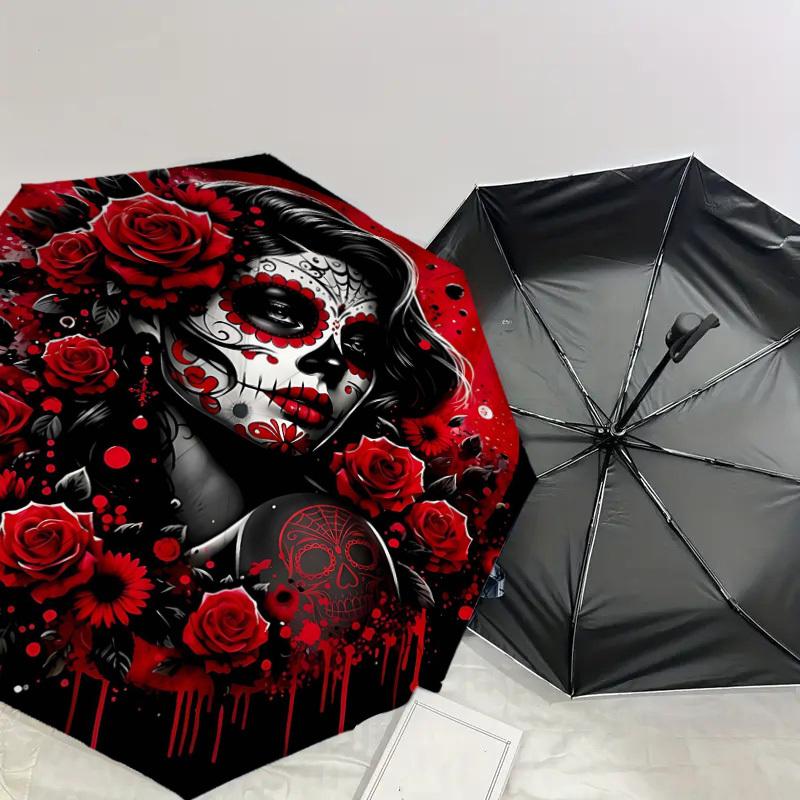 1PC Day of the Dead, Sugar Skull Umbrella-8-Rib Reinforced, Automatic Open, Lightweight & Durable, Fashion Accessory for Outdoor, H0380