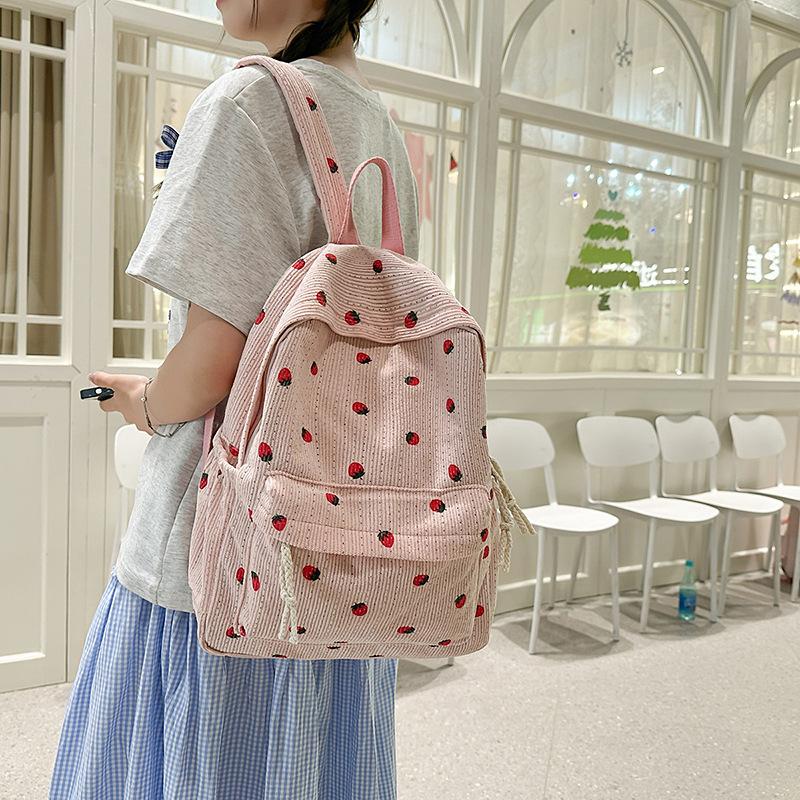 Schoolbag New Student Schoolbag Female Corduroy Cute Strawberry Backpack Sweet Ins Wind Travel Backpack