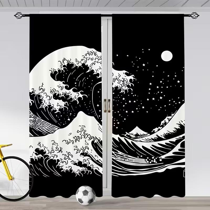 2 Pcs Waves of Kobe Bay Print Curtains,suitable for Bedroom,living Room Kitchen Decoration,home Decoration,window Decoration