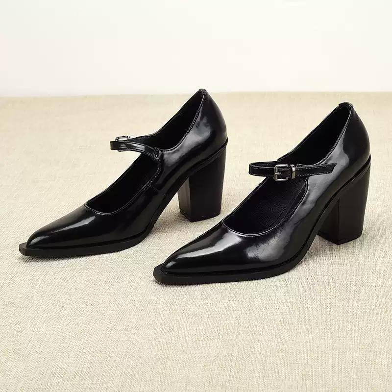 Women's Chunky Heel Mary Janes Patent Leather Dress Shoes with Buckle Decor for Office & Formal Occasions
