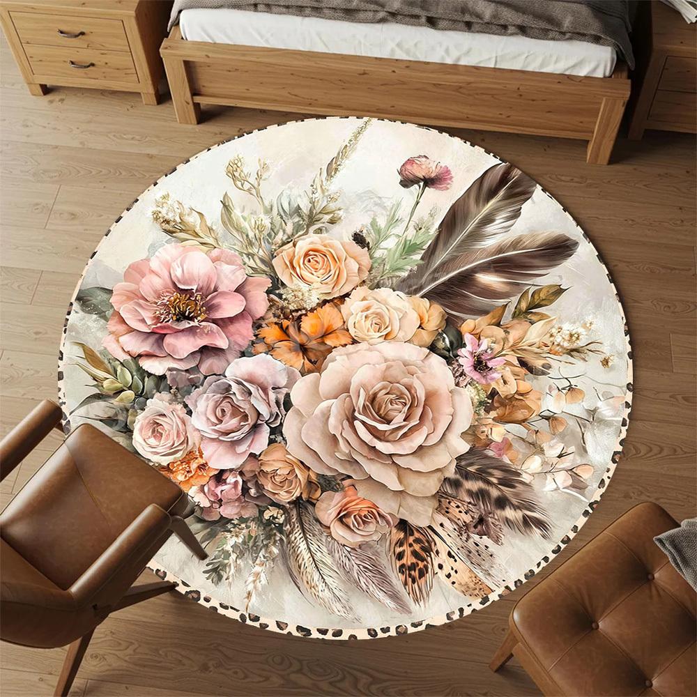1PC Floral Feathers Office Round Area Rug, Under Office Chairs Bedroom Living Room Home Decor, Carpet for Office -1110110