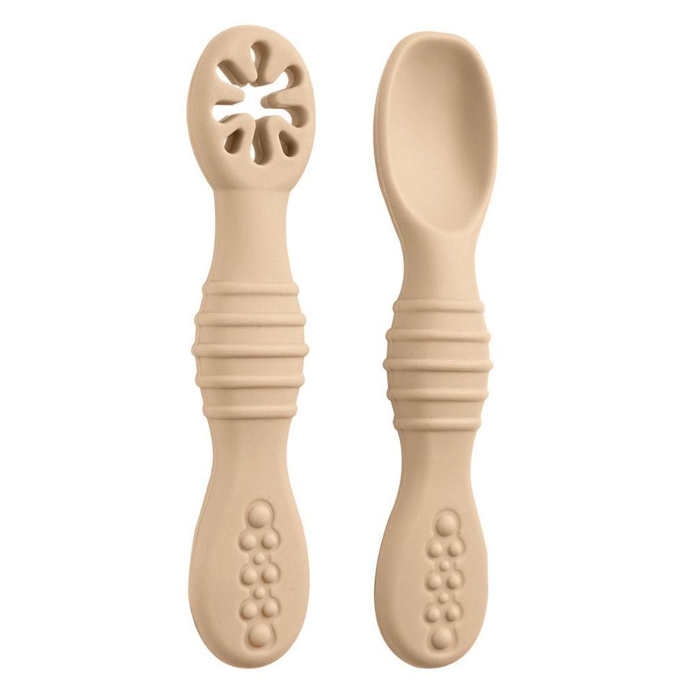 

2PCS Kitchen Cute Learning Spoons Eating Helper Feeding Tableware Infant Feeding Spoon Soft Silicone Training Spoons бежевий