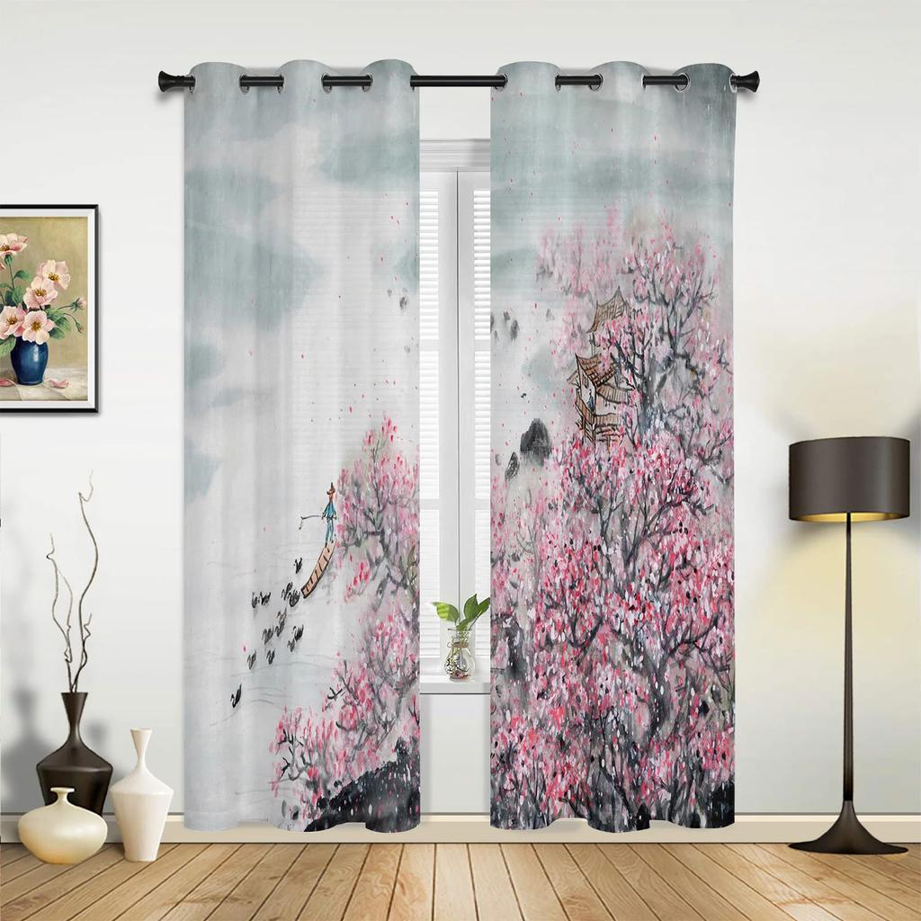 Pflaume Sonne Tuschemalerei Vorhänge für Schlafzimmer Wohnzimmer Vorhänge Küche Kinderzimmer Fenstervorhang Moderne Heimdekoration
