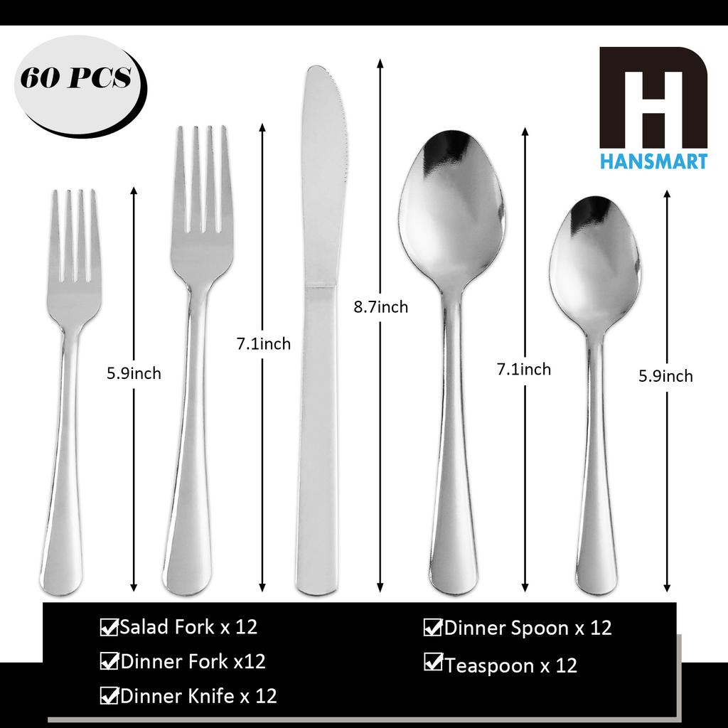 HANSMART 60Pcs Stainless Steel Flatware Set Service for 12 Vertical Ribbed Handle Silverware Cutlery Set Dinner Fork Salad Fork Spoon