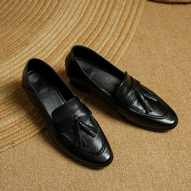 Fashion 2025 Spring Cowhide Women Shoes Round Toe Chunky Heel Women Pumps Shoes for Women Genuine Leather Loafers Tassels Ladies Shoes
