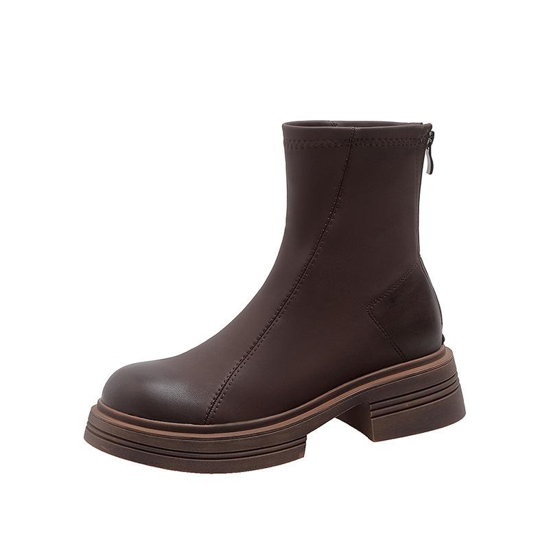 New thick-soled elastic thin boots single boots women's Martin boots leather British style retro round head brown velvet short boots