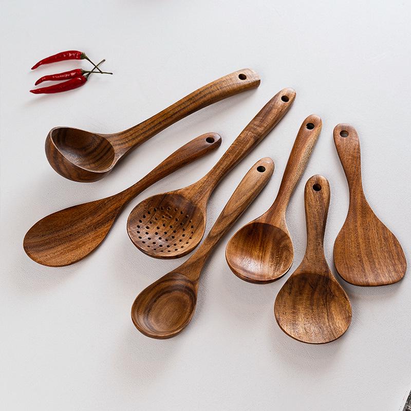 Teak Acacia Wood Kitchen Utensil Set: Spatula, Spoon, Ladle, Turner, Long Handle Rice Spoon