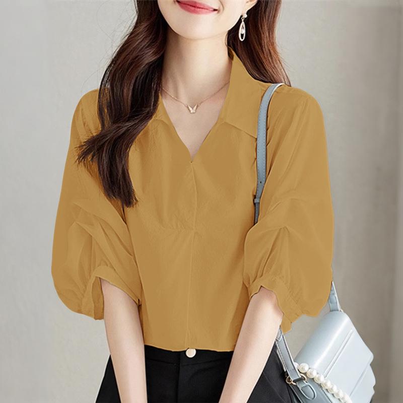 ZANZEA Women Turn Down Collar Loose Casual Half Sleeve Plain Blouse