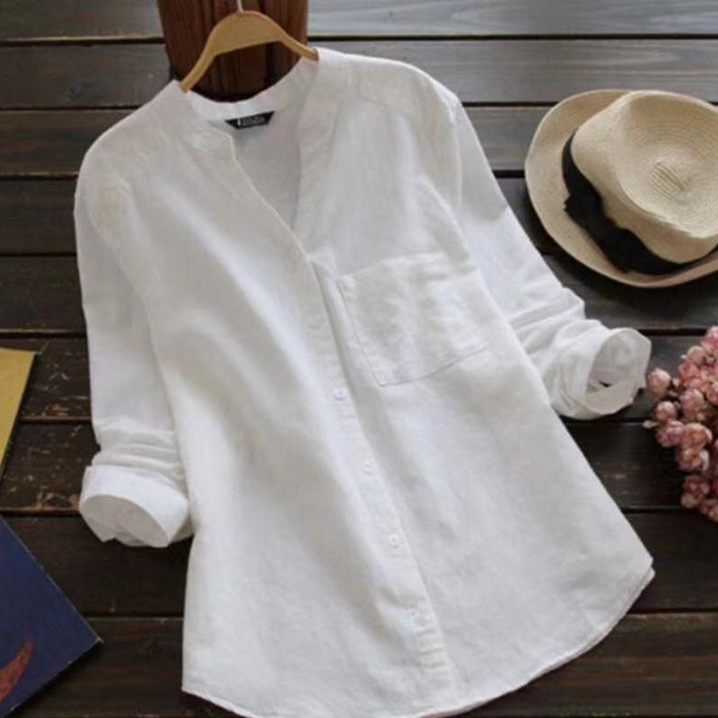 2022 Women's Cotton Linen Casual Loose Long Sleeve Top - Plus Size Solid Color