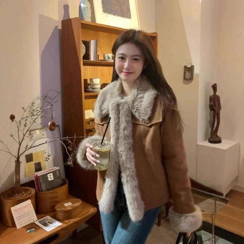 Maillard retro plush jacket women's winter fashion new thickened denim splicing cotton-padded clothes