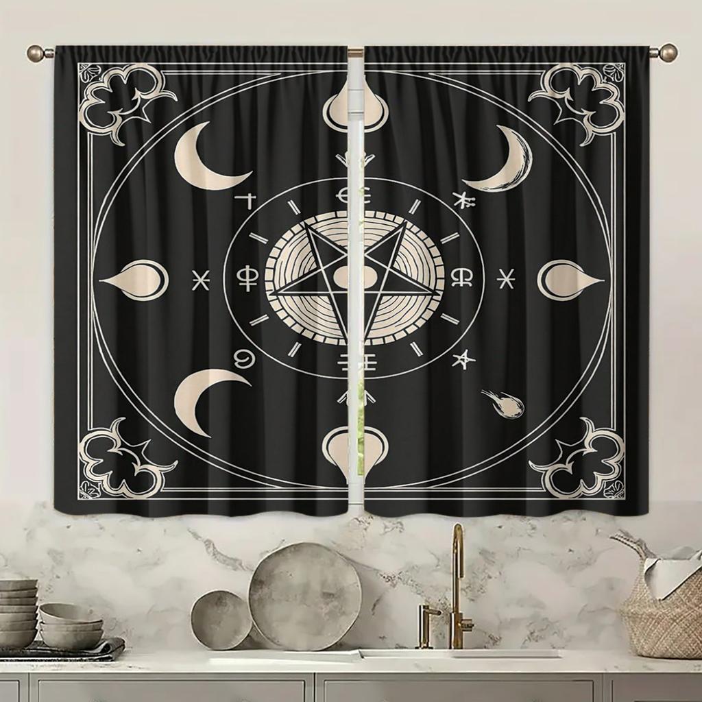 Set Of 2 Mystical Zodiac Moon Phase Print Curtains Black Polyester Drapes Design Perfect Curtain Semi Sheer Made With Rod Pocket