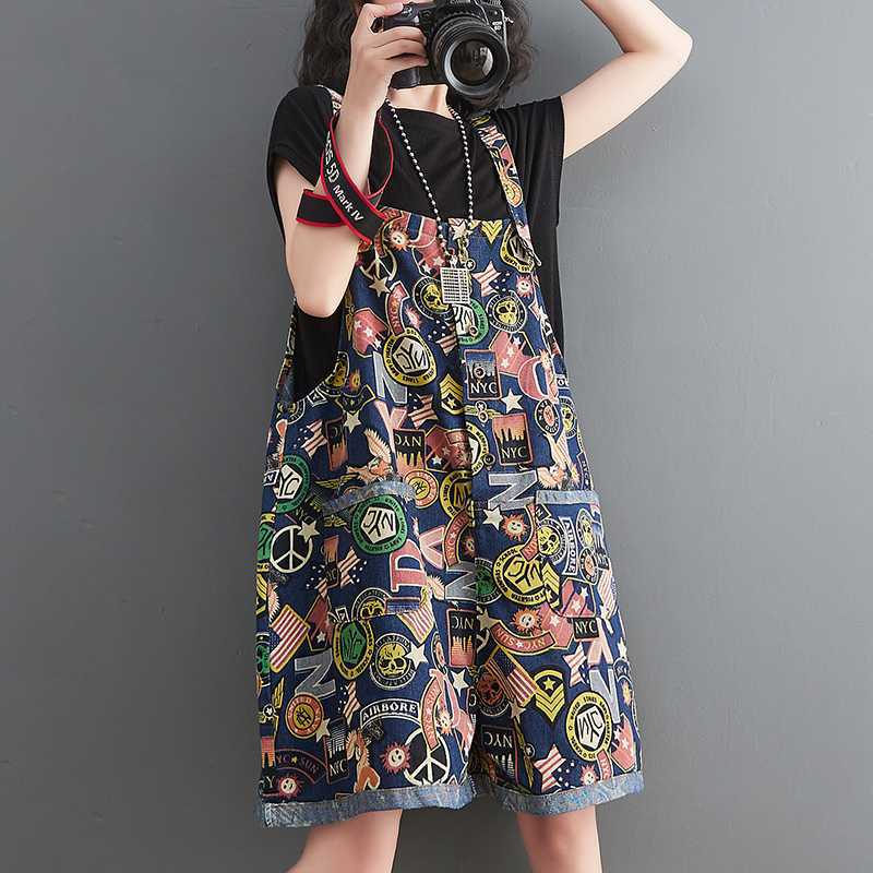 2025 Sommer Mode Print Jumpsuit Shorts Damen Lässig Locker Denim Short Pans Weiblich