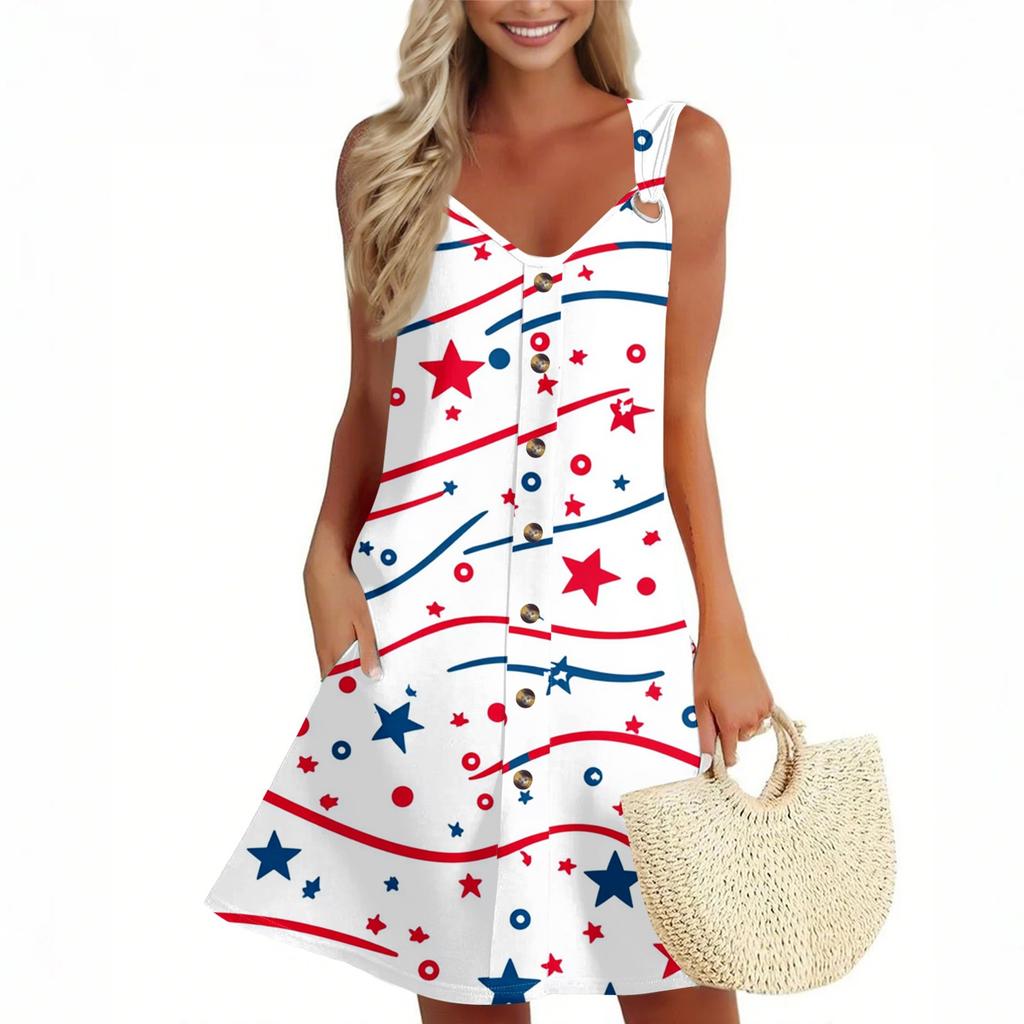 Women's Summer Dress Sleeveless Independence Day Print Sundress With Pocket