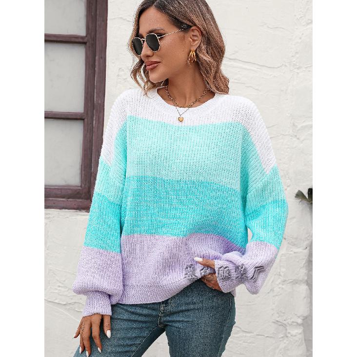 

2024 Осень/Зима Новый Европейский И Американский Цвет Блокированный Круглый Вырез Вязаный Свитер Модный Свитер Для Женщин L зелёный