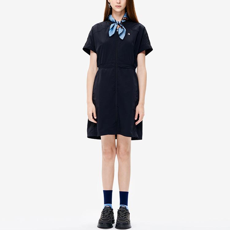 Fila Solid Color Logo Waist-Defined A-Line Loose Versatile Woven Short Sleeve Dress Women Dresses Black F11W238302F-BK