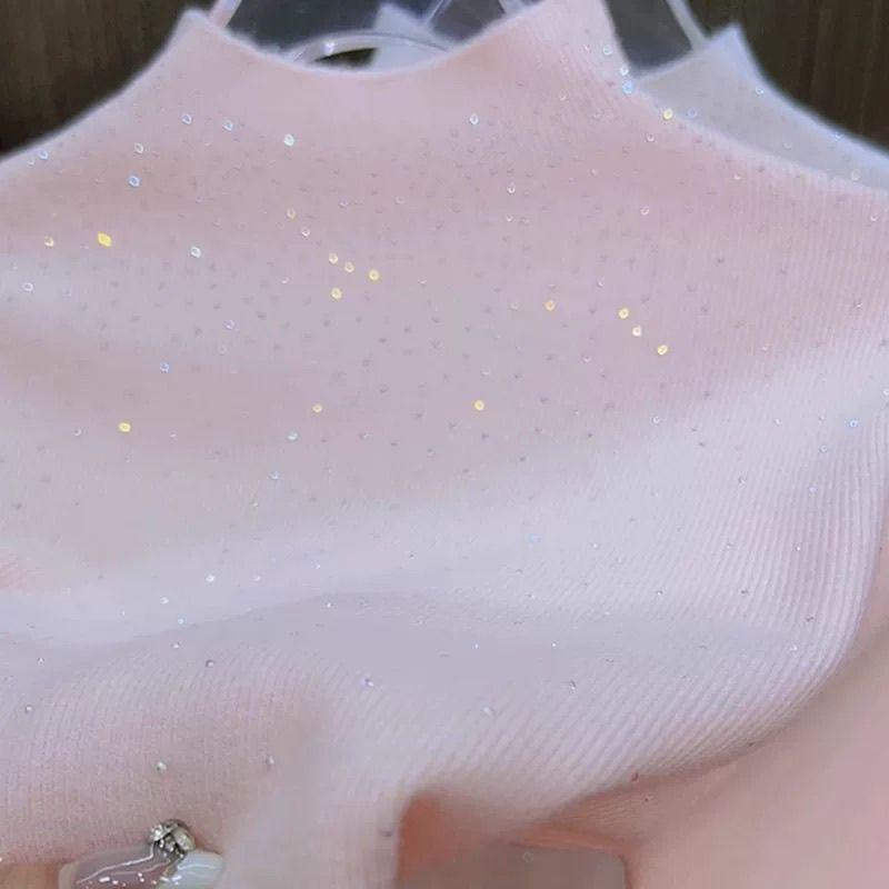 Women's Rhinestone Half-Turtleneck Sweater Autumn Winter Solid Color Knitted Pullover Soft Skin-Friendly Stretchy Knit Top