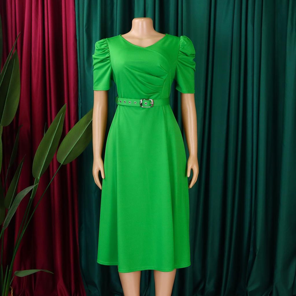 Women Elegant Dresses Belt Waisted Pleated Mid Calf Fashion Ladies 2026 New V Neck Short Sleeve Birthday Party Dress