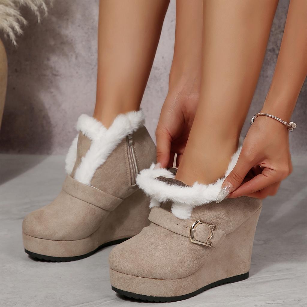 Fashion Women's Winter Chunky Black Suede Round Toe Platform Women Plush Warm Snow Ankle Boots Sexy 10cm Ultra High Heel Wedges Shoes