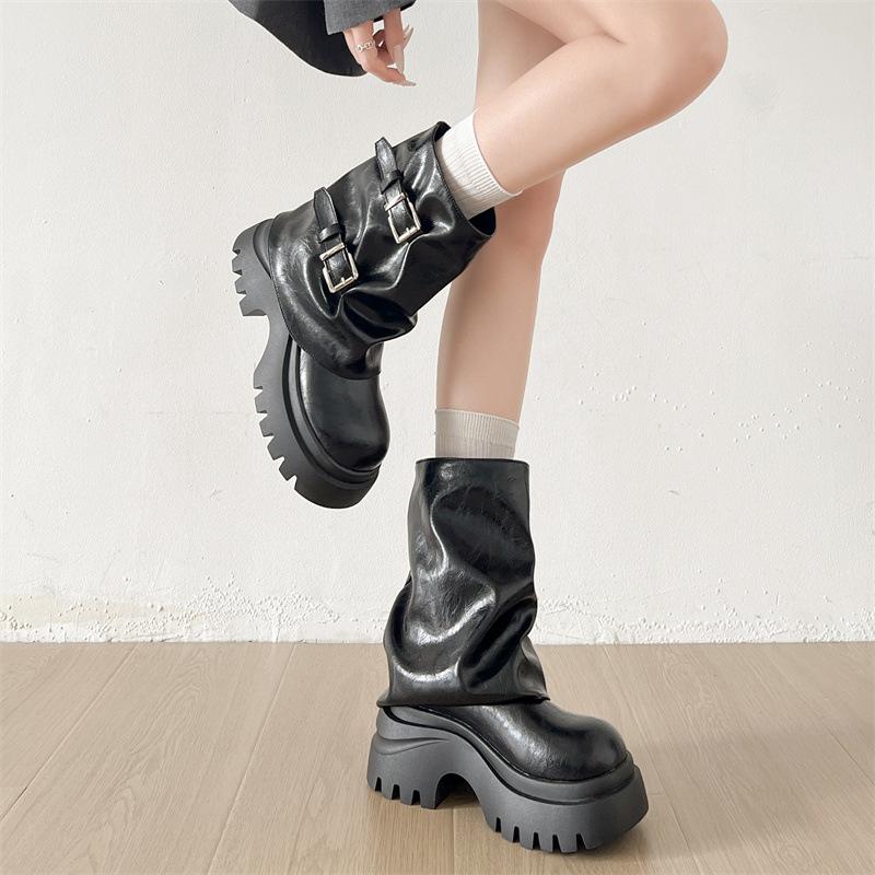 Black retro British style thick-soled thick-heeled Martin boots women's 2025 new autumn height-increasing and thin trousers short boots