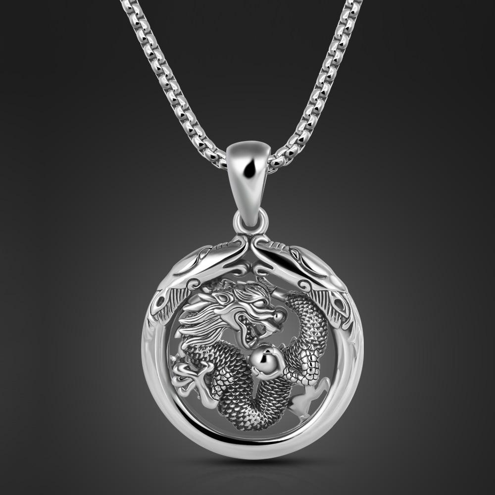 Vintage Men'S Dragon Ring Pendant Necklace Trendy Men'S Copper Electroplated Thick Rhodium Imitation Thai Silver Jewelry