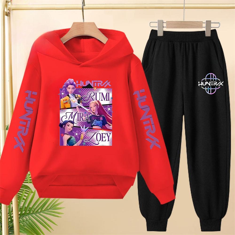 Children pink Hoodie KPop Demon Hunters Print Black Boys Girls Coat Sweatshirt+Pants Toddler Clothes autumn winter Set