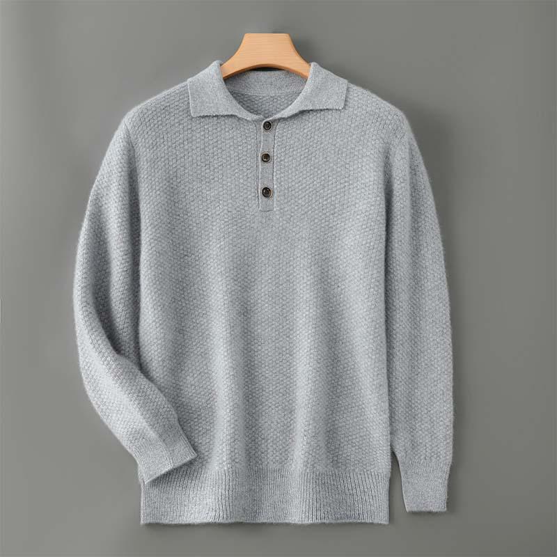 Men's Pure Wool Polo Collar Cardigan: Loose, Button-Up, Business Casual Cashmere Knit Sweater