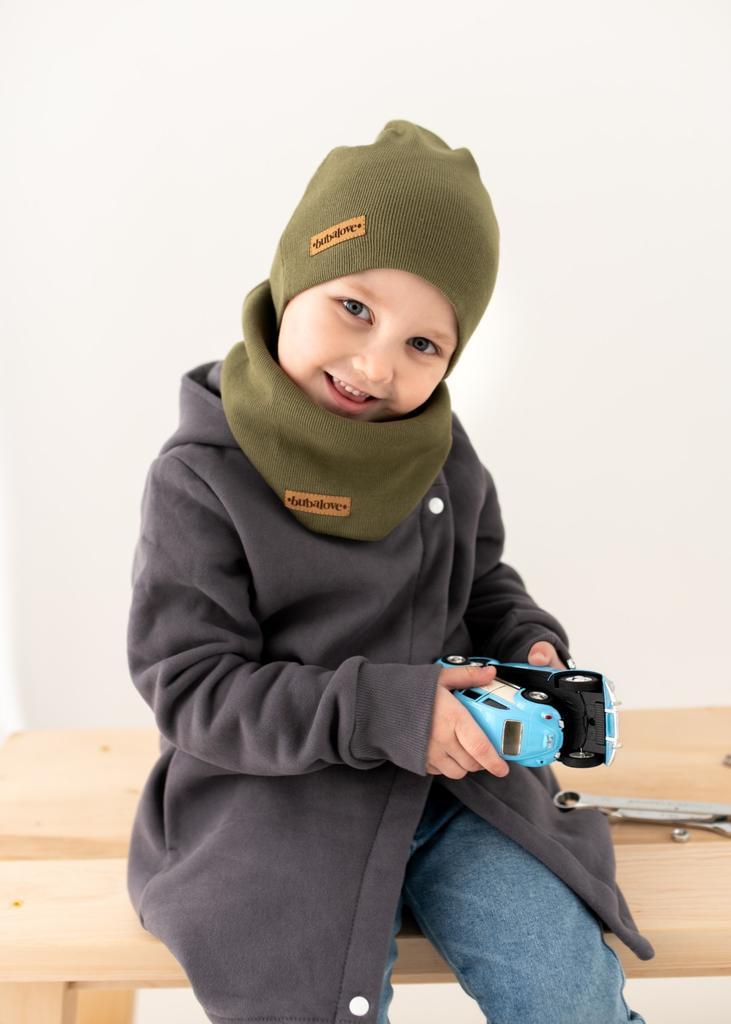 Hat Scarf Set For Girl Spring Striped Cotton Olive 46-52 Cm