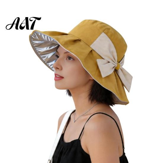 UV Blocking Beach Cap Women Wide Brim Hat, Anti-UV Sun Protection Bucket with Packable Hat Bowknot Decor, Foldable Travel for Summer Outdoor
