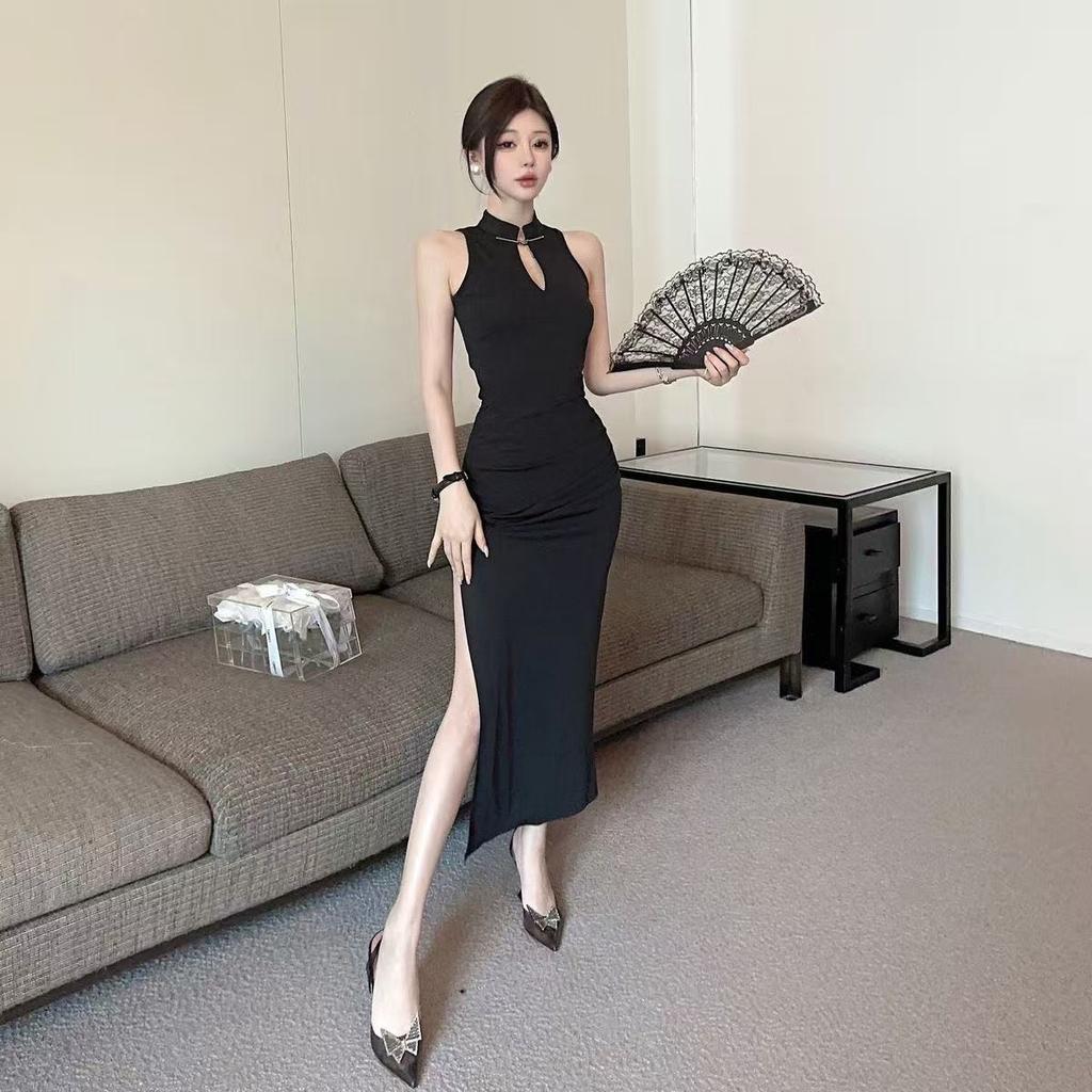 Improved imperial sister evening dress slim dress black retro split slim Chinese cheongsam dress