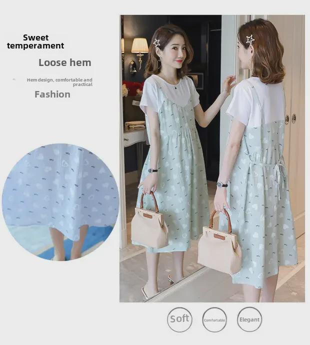 Korean Style Maternity Dress - Loose, Large Size, Medium To Long, Knee-Length Two-Piece for Summer & Autumn