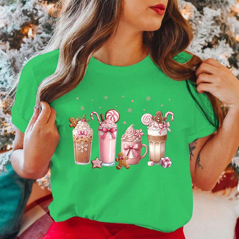 Funny Christmas Coffee Print Women Loose Short Sleeve Round Neck Top Female Casual