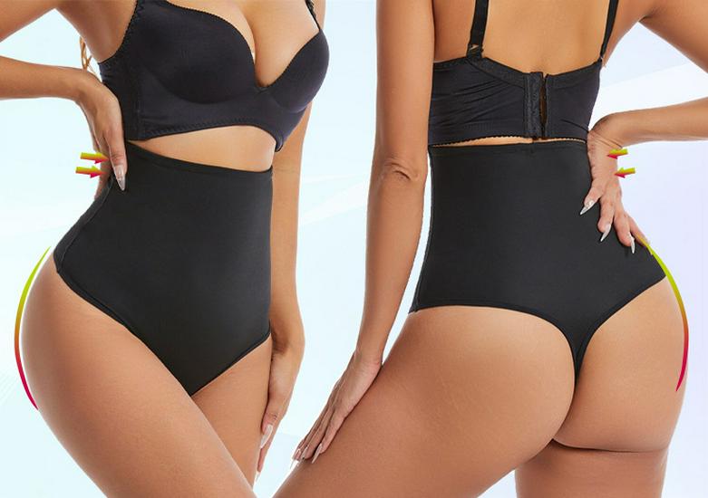 Plus Size High-Waisted Shaping Thong with Double Layer Tummy Control, Butt Lift, and Non-Slip Silicone Waistband