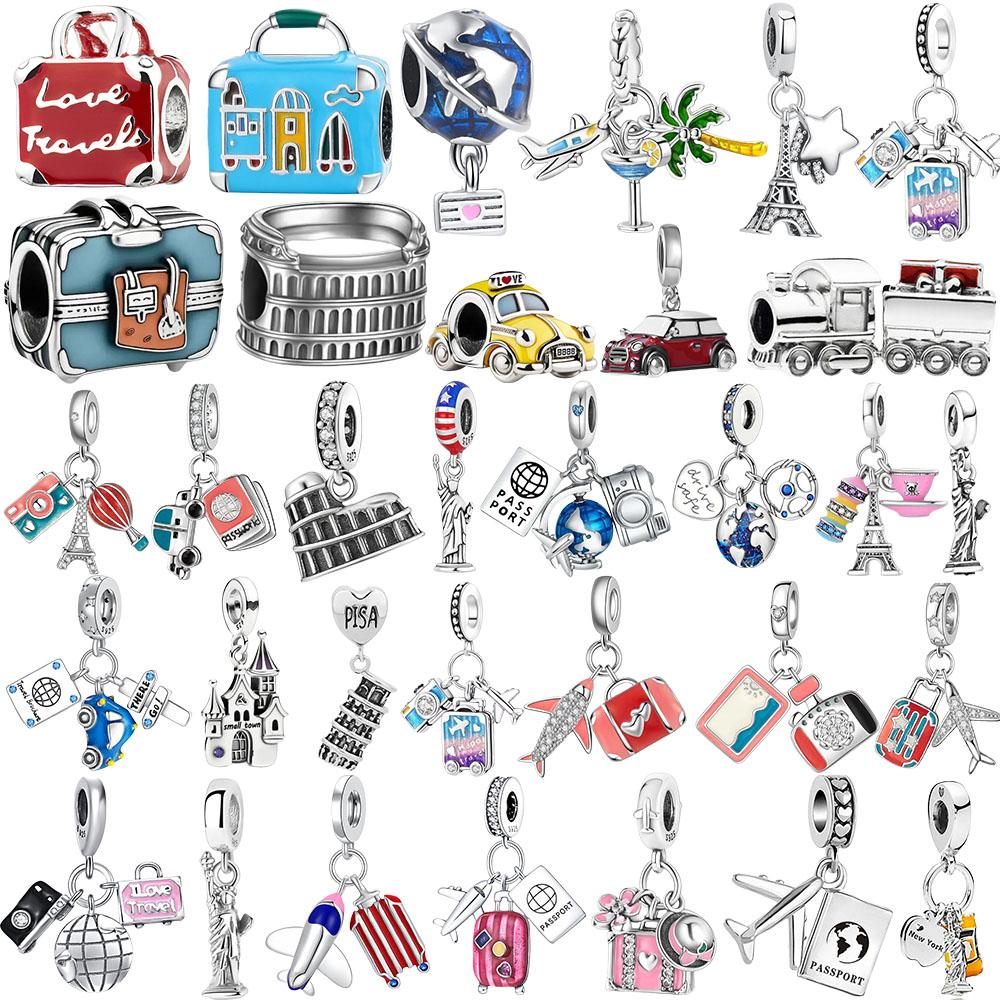 New 925 Silver Travel Passport Rome Paris Italy Plane Dangle Charms Beads Fit Original Bracelet Necklace KeyChain Diy Jewelry