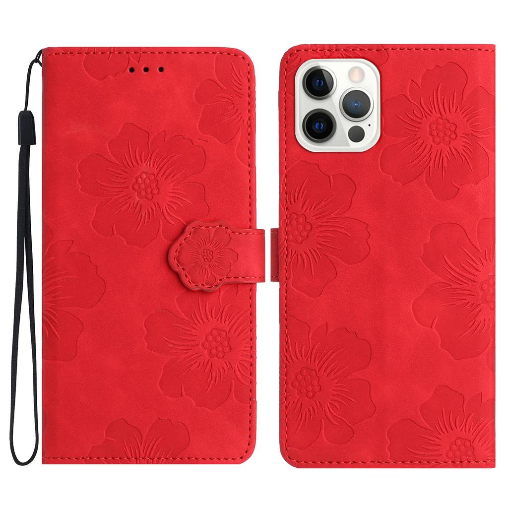 For iPhone 16 Pro Case Flower Design Leather Flip Phone Cover with Card Holder Wrist Strap