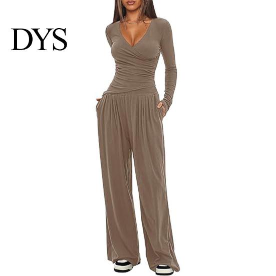 Stilvoller lockerer Damenanzug Damen 2-teiliges Loungewear-Set V-Ausschnitt Langarm-Oberteil Einfaches einfarbiges Outfit Und Weitbeinige Hosen Set Frühling Herbst Freizeit