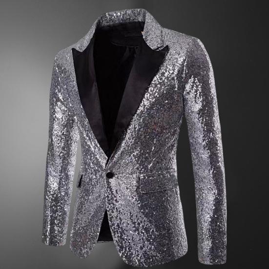 Yaka Uzun Kollu Kapaklı Cepler Tek Düğme Erkek Blazer Etkinlik Sunucusu Parlak Payetler Takım Elbise Ceketi