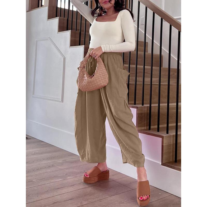 Women Casual High Waist Elastic Pleated Wide Leg Beach Cropped Trousers