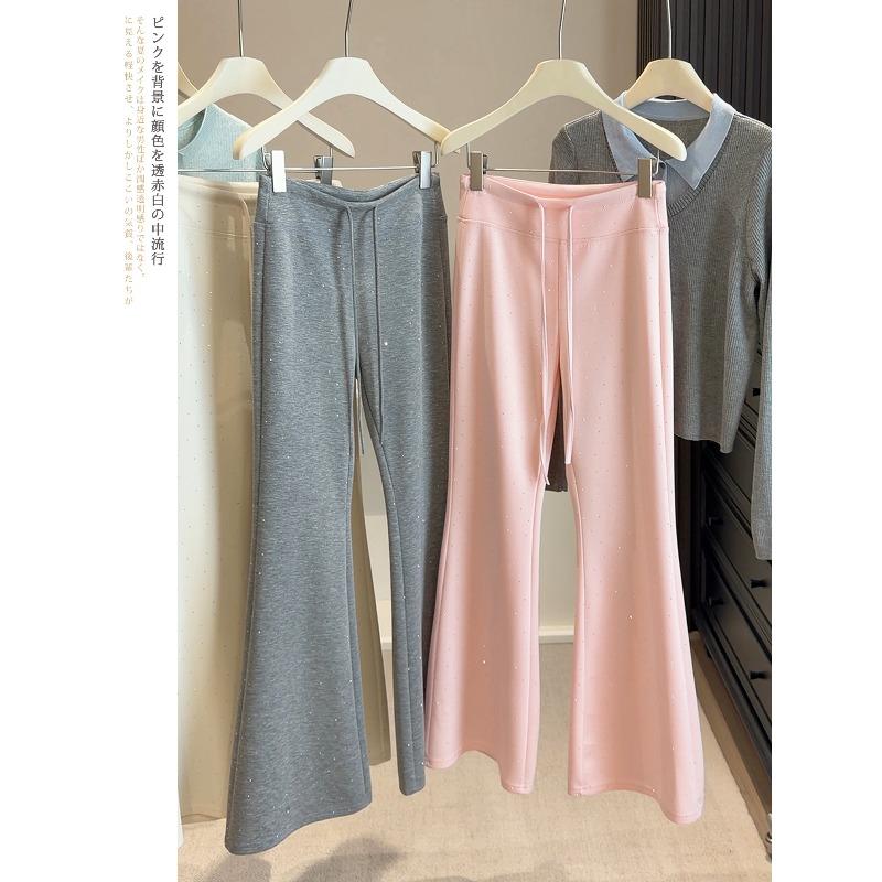 

Pink flash diamond casual sports micro-pull pants women s spring new small high waist loose and thin wide-leg trousers S розовый