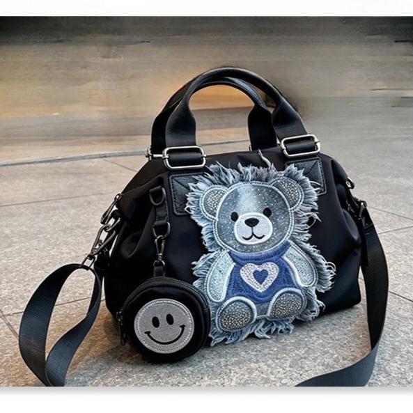 Fashion Bag Women's New Handbag Tote Bag Waterproof Nylon Shoulder Bag Cute Bear Sticker Versatile Messenger Bag with Small Bag